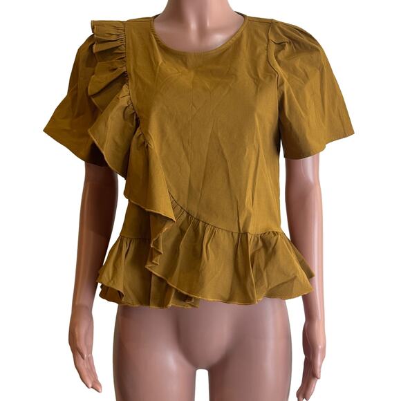 Sea New York Blouse Top Women 10 Marigold Mustard Linen Blend Ruffle Peplum Boho - Picture 1 of 13